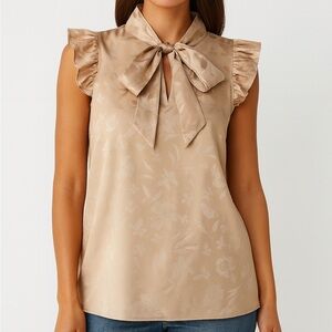 Calvin Klein Women’s Elegant Beige Floral Blouse with Bow Size M Top Shirt